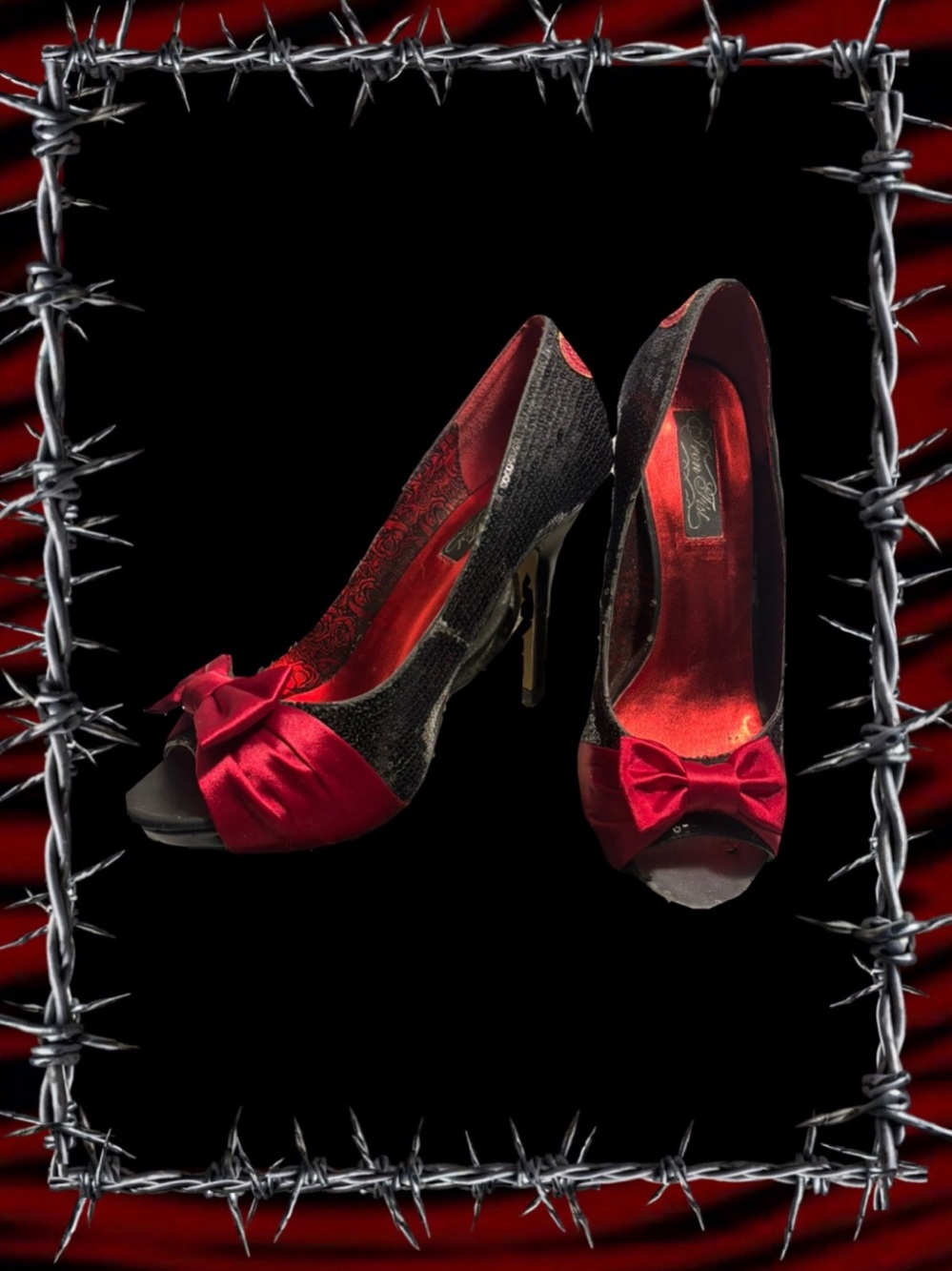 Iron Fist Peep Toe Bow Heels in Black & Red